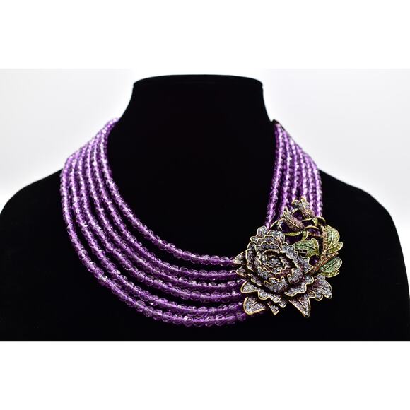 Heidi Daus Amethyst Purple Rose Necklace Multi-Strand Crystal Pavé Signed Bin2C